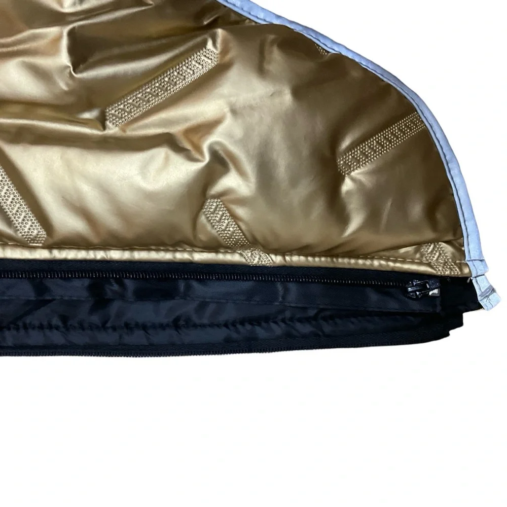 NWOT Gold Metallic Reflective Dog Puffer Jacket 3XL Faux Fur Lined 24” x 24”